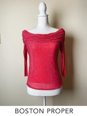 Rhinestone Boston Proper Coral Mesh Ruched Off-The-Shoulder Top Size Small NWOT